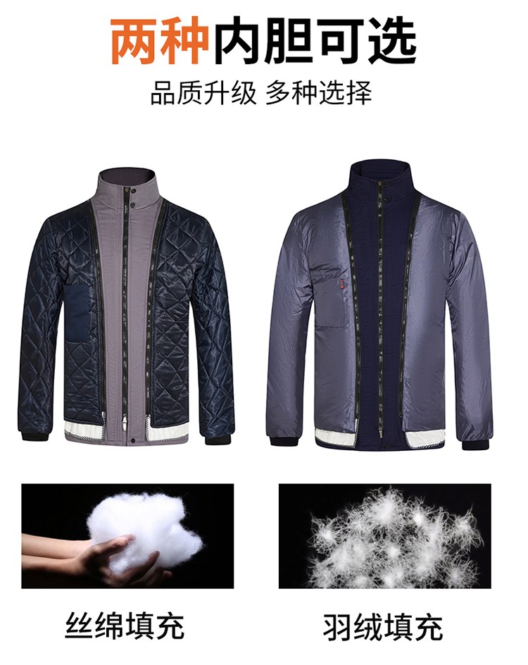 LW-8826ZY 冬季羽絨工作服定制加厚保暖中長防寒冷庫物業(yè)車間印繡字可拆卸棉服(圖7)